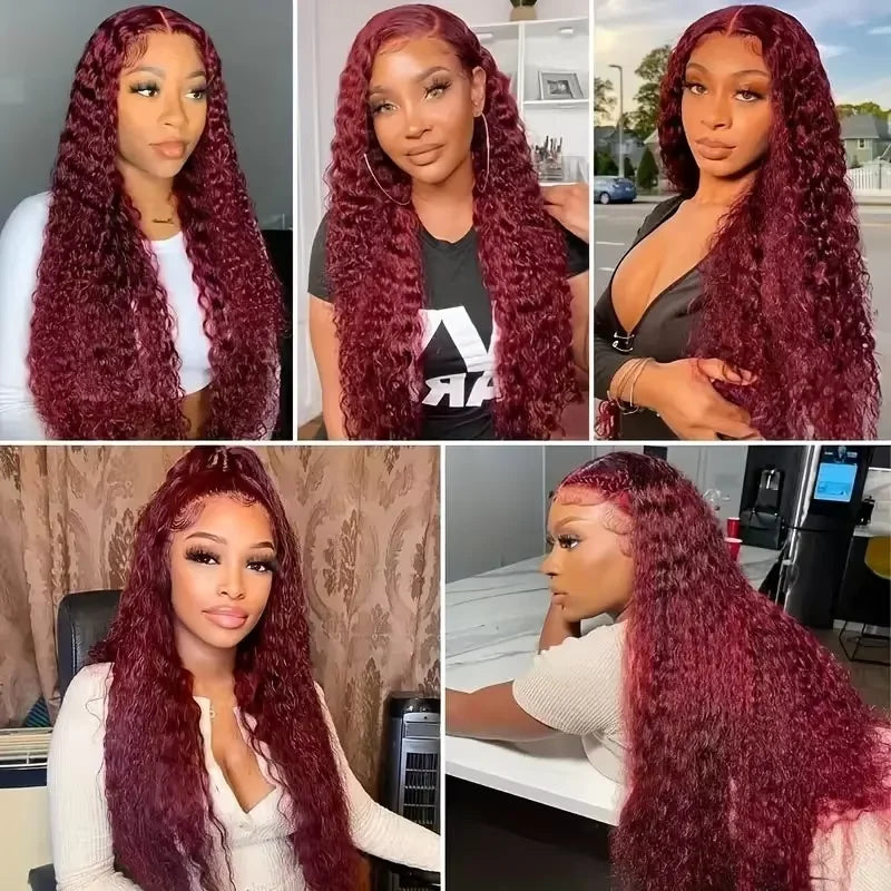 46 Inch Deep Wave High Density 99j Burgundy 13x6 Lace Frontal Human Hair Curly Wig Red Colored 13x4 HD Lace Front Wig For Women