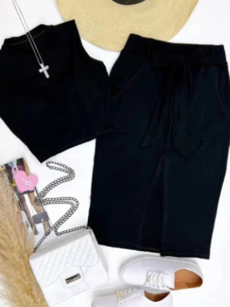 Lace-Up High Waist Crop Top & Midi Skirt Set