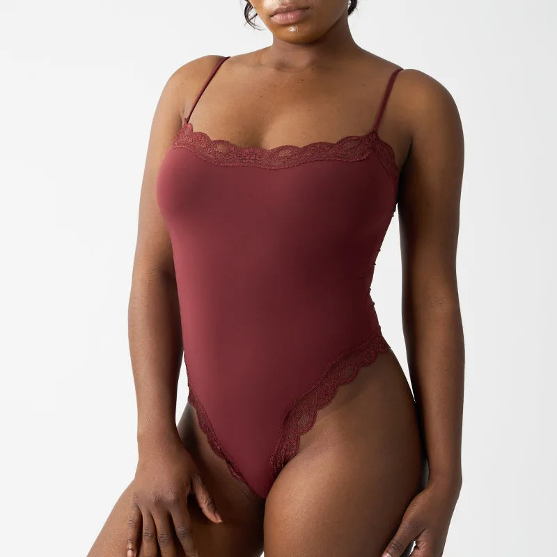 Square Neck Lace Spaghetti Strap Bodysuit