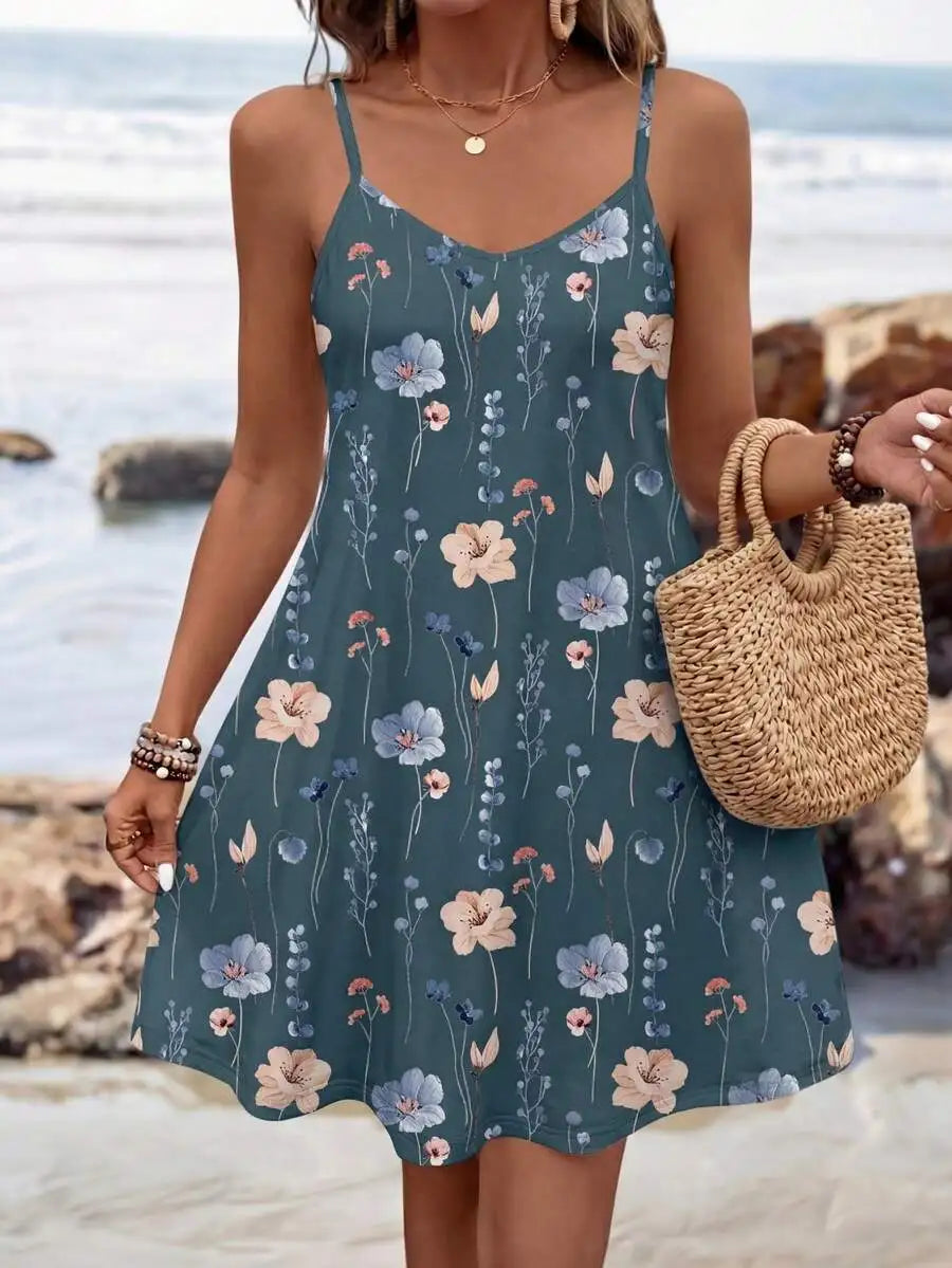 Black Floral Print Sleeveless Knit Mini Dress