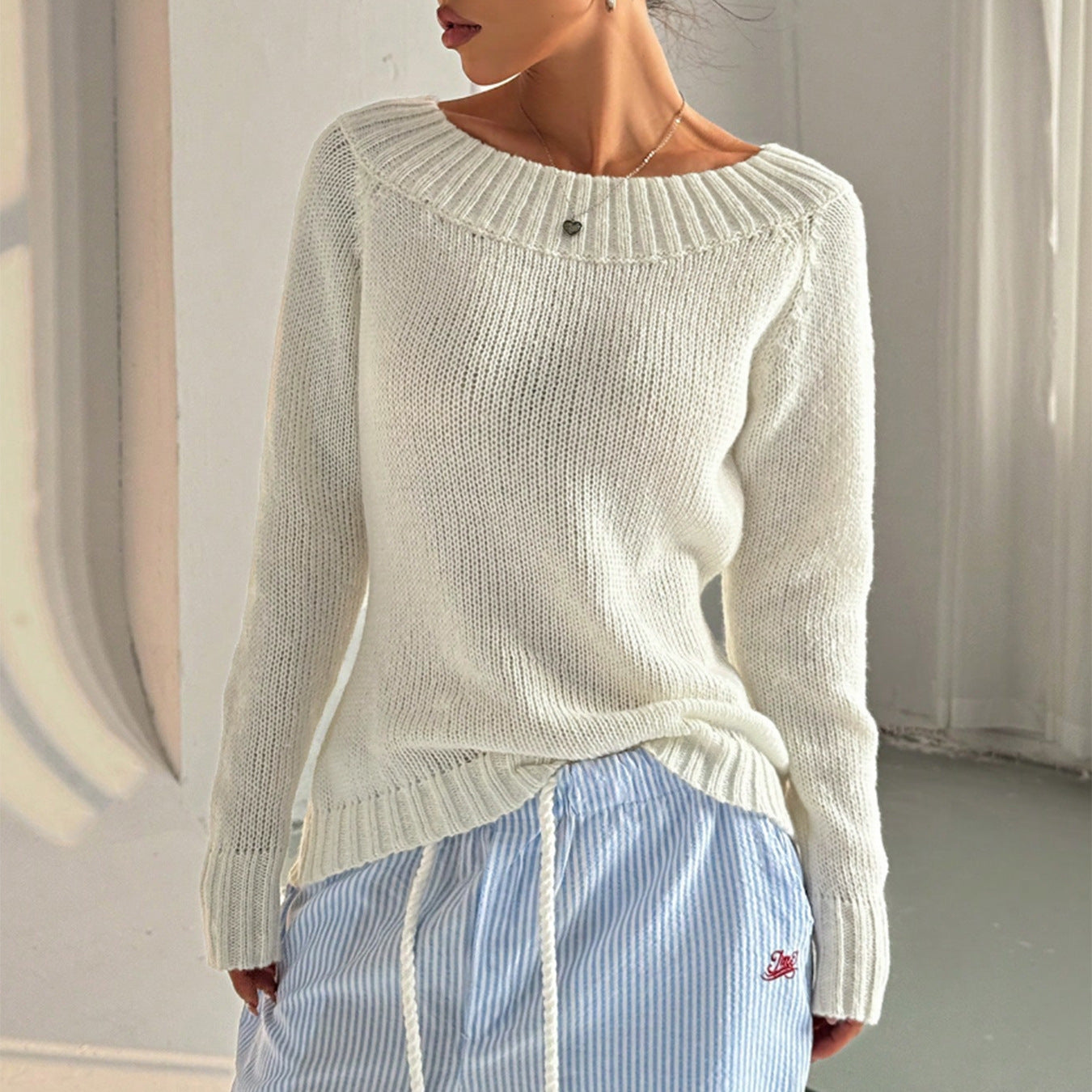 Head Sloping Exposed Shoulder Women'S Autumnwinter Knit Casual