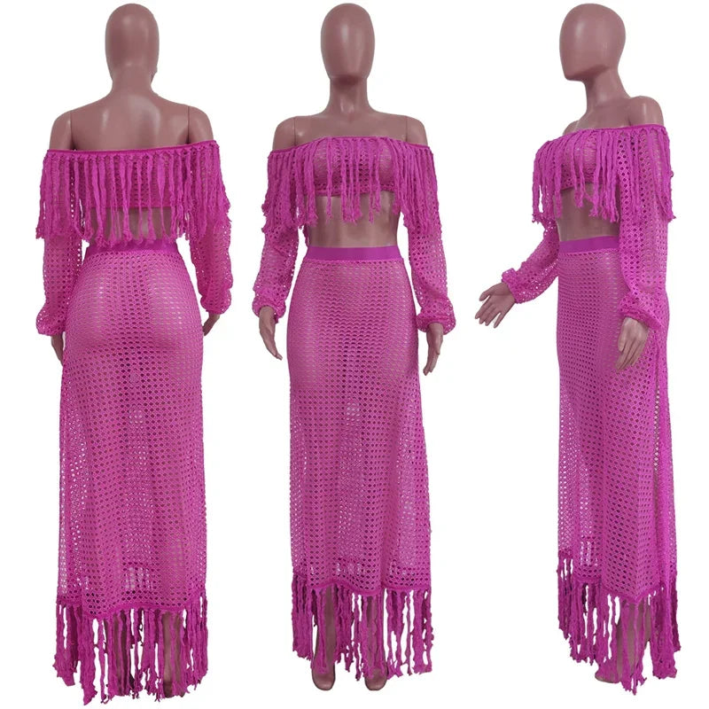Fringed Tassel Crochet Hollow-Out Maxi Dress
