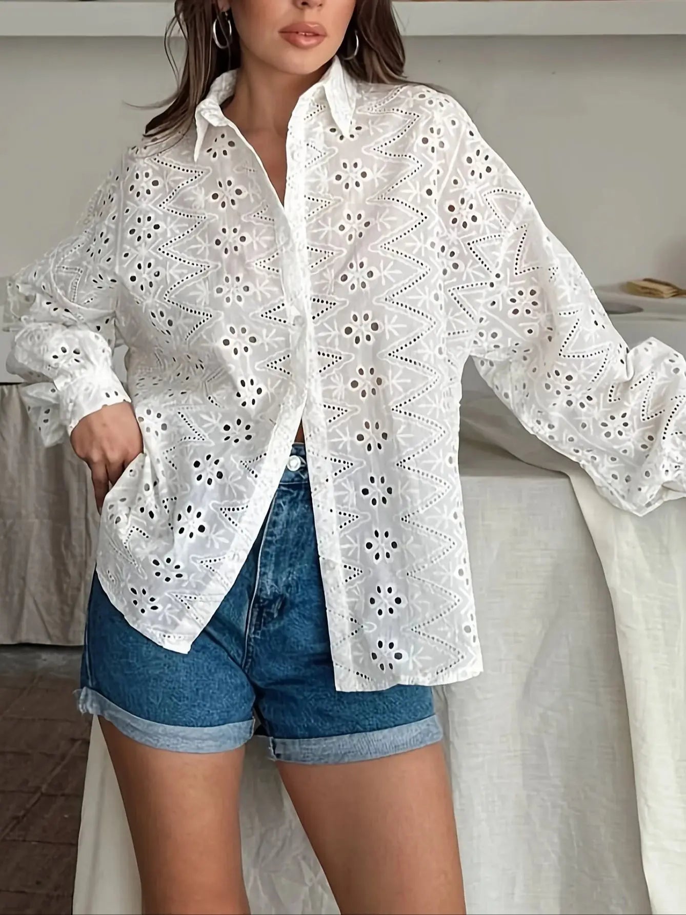 Hollow Embroidered Lapel Button Top