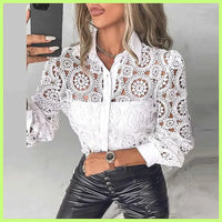 Hollow-Out Vintage Lace Long Sleeve Blouse – White