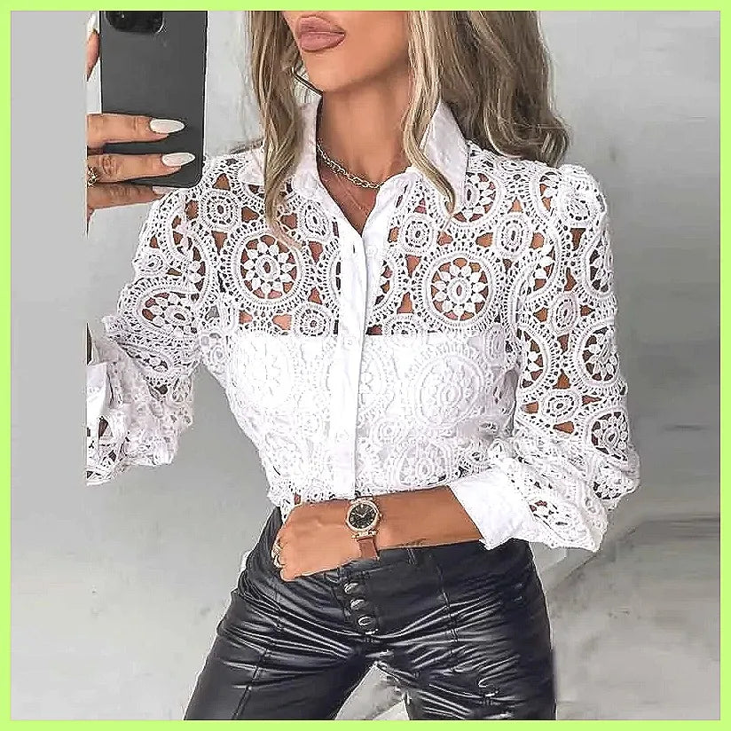 Hollow-Out Vintage Lace Long Sleeve Blouse – White