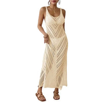 Crochet Knit Beach Cover-Up Maxi Dress – Sleeveless & Side Slit