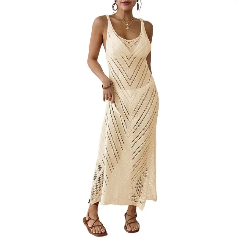Crochet Knit Beach Cover-Up Maxi Dress – Sleeveless & Side Slit