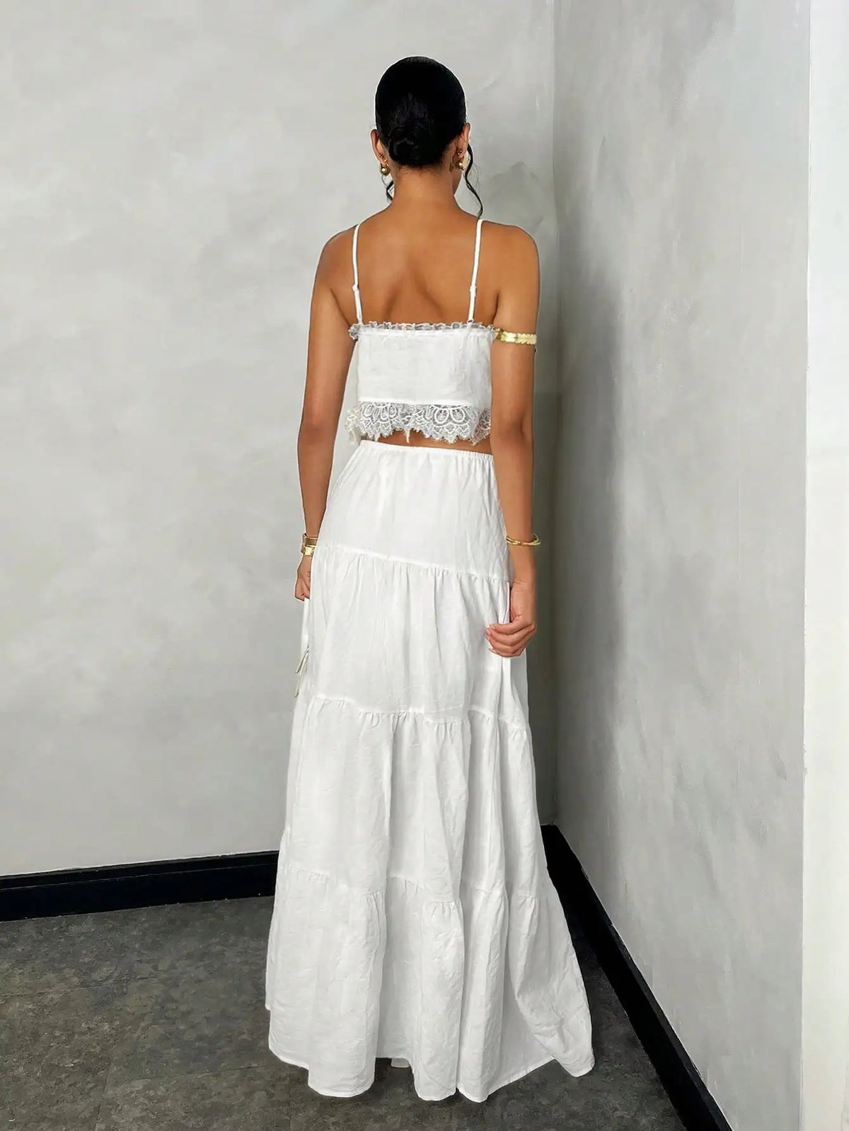 White Lace Trim Cami Top & Tiered Maxi Skirt Set
