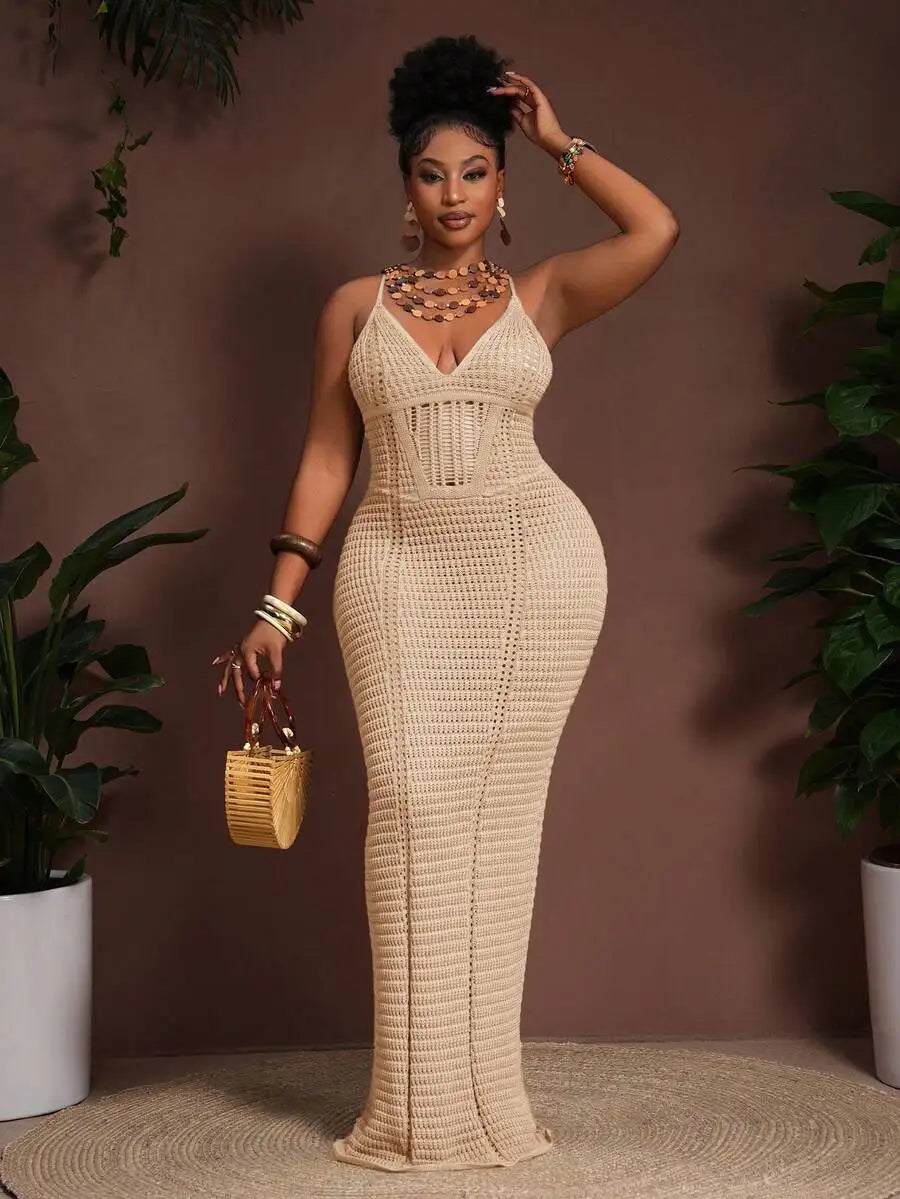 Crochet Hollow V-Neck Bodycon Maxi Dress