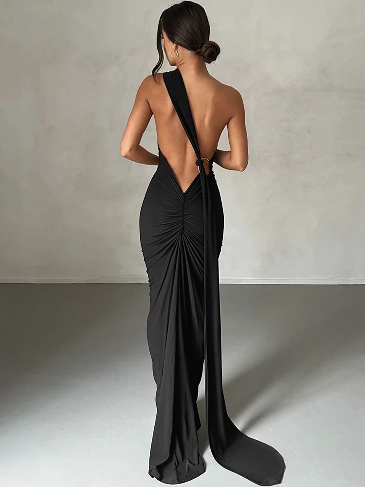 One-Shoulder Backless Ruched Maxi Dress