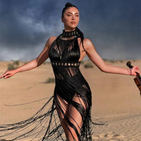 Vintage Tassel Halter Backless Crochet Maxi Dress