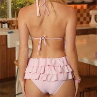 Sexy Deep V Hollow Out String Bikini Halter Backless Pink Y2K Swimsuit Ruffled Swimwear Women Beach Vacation Outfit Bathing Suit