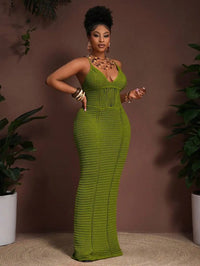 Crochet Hollow V-Neck Bodycon Maxi Dress