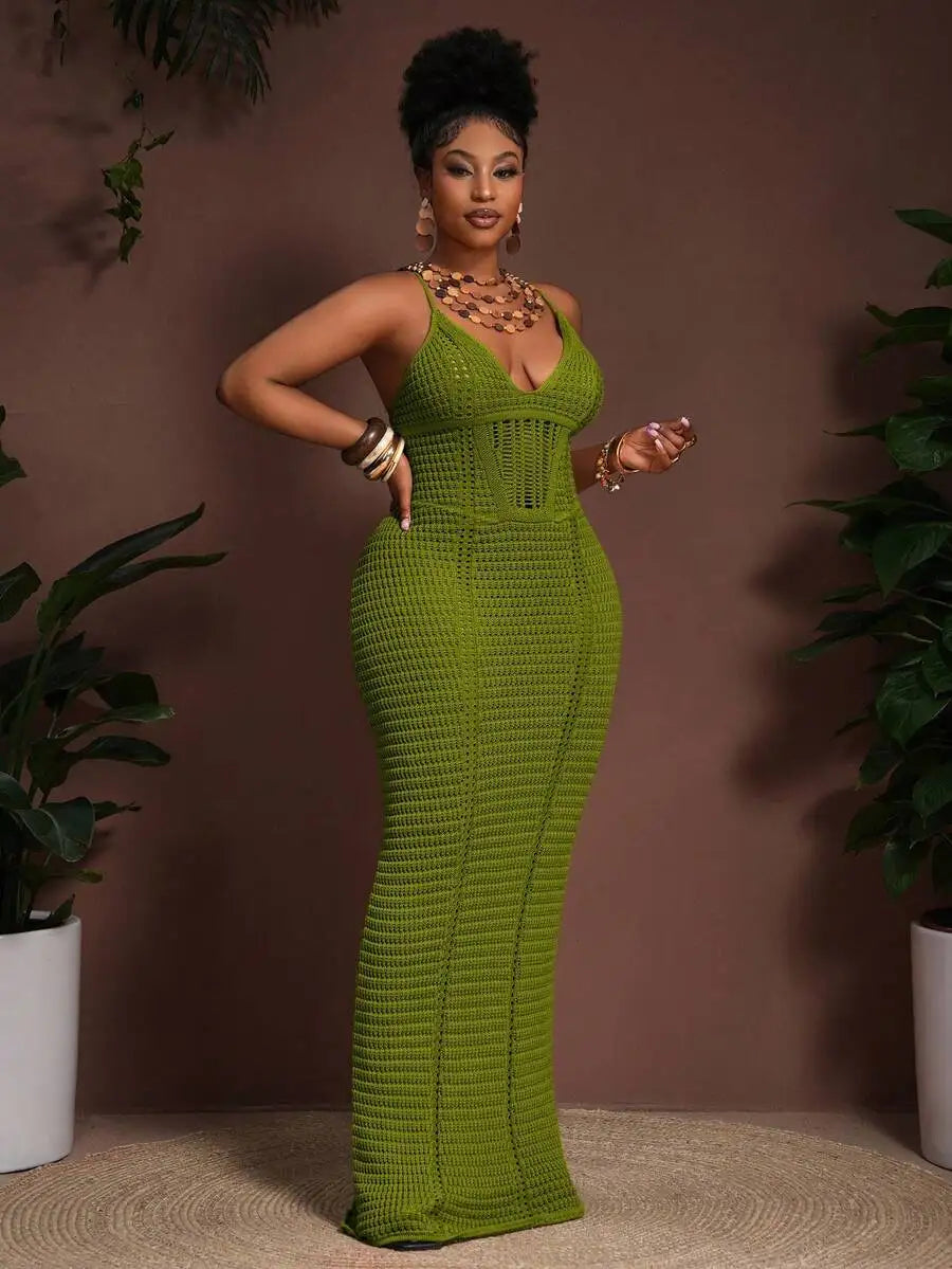 Crochet Hollow V-Neck Bodycon Maxi Dress