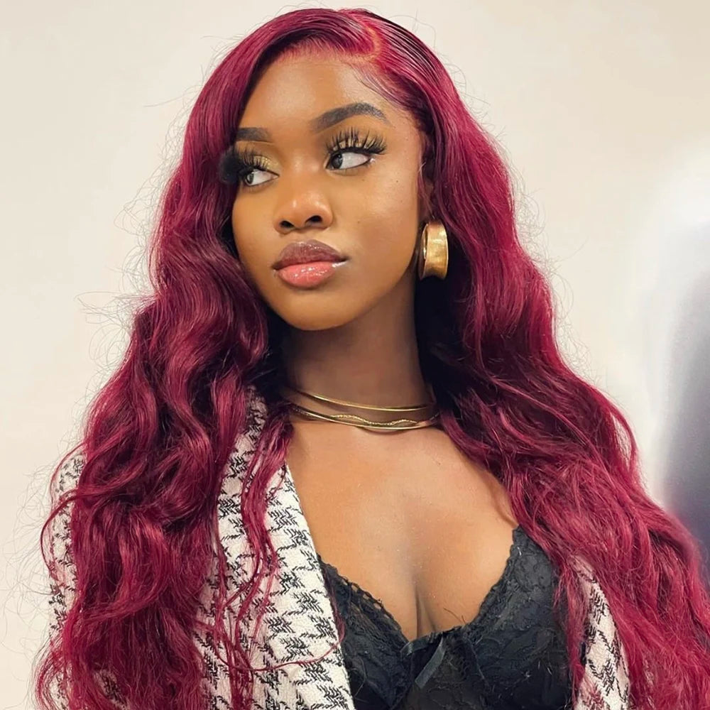99J Burgundy Body Wave Human Hair Wig 36 Inch 13x6 HD Transparent Lace Front Wig 200 Density Pre Plucked Bleached Knots Glueless