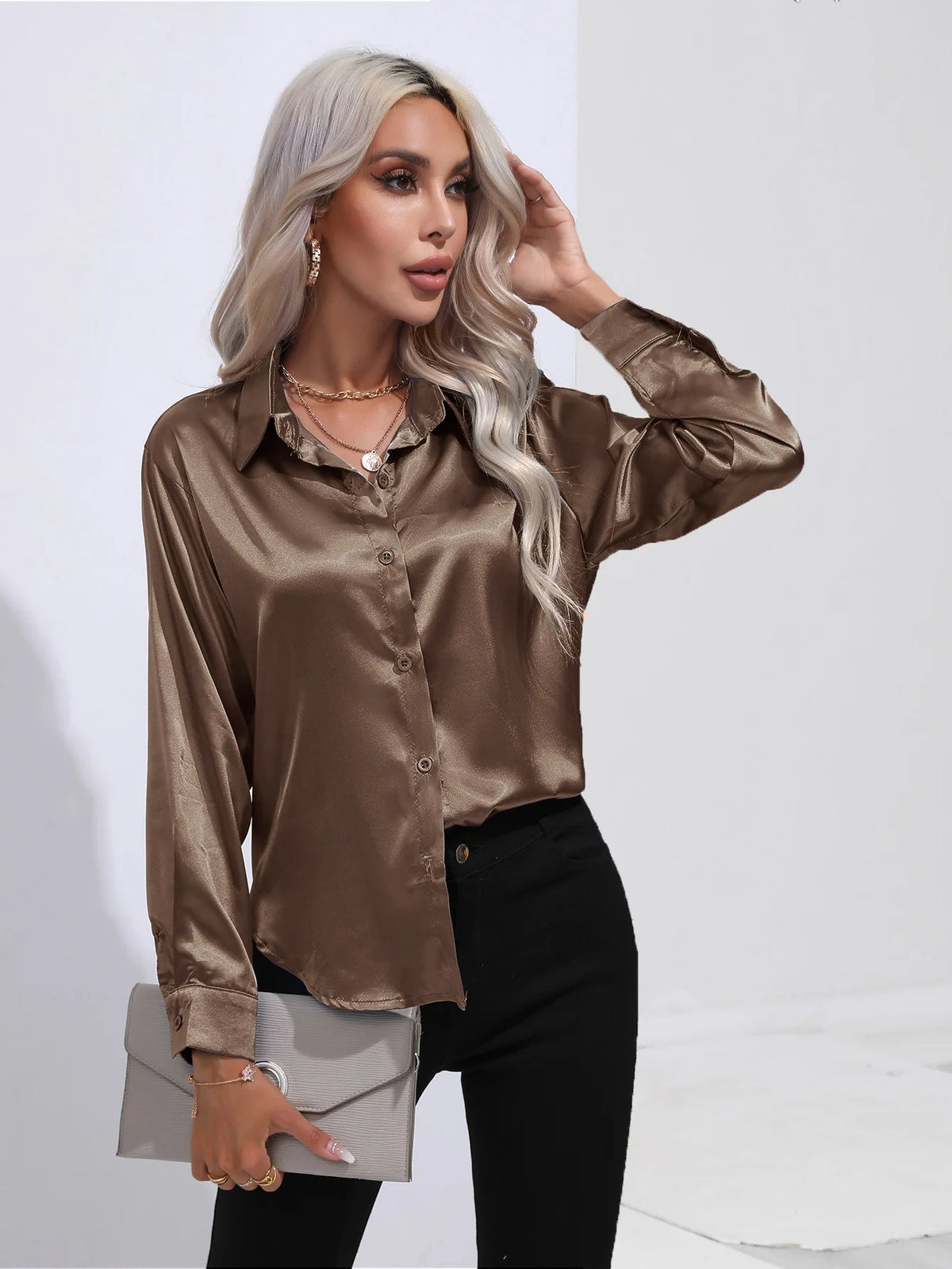 V-Neck Long Sleeve Satin Silk Blouse