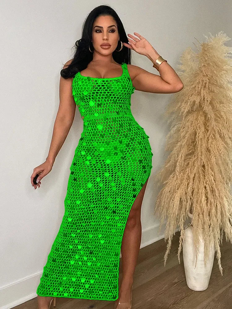 Sequined Crochet Hollow-Out Maxi Dress