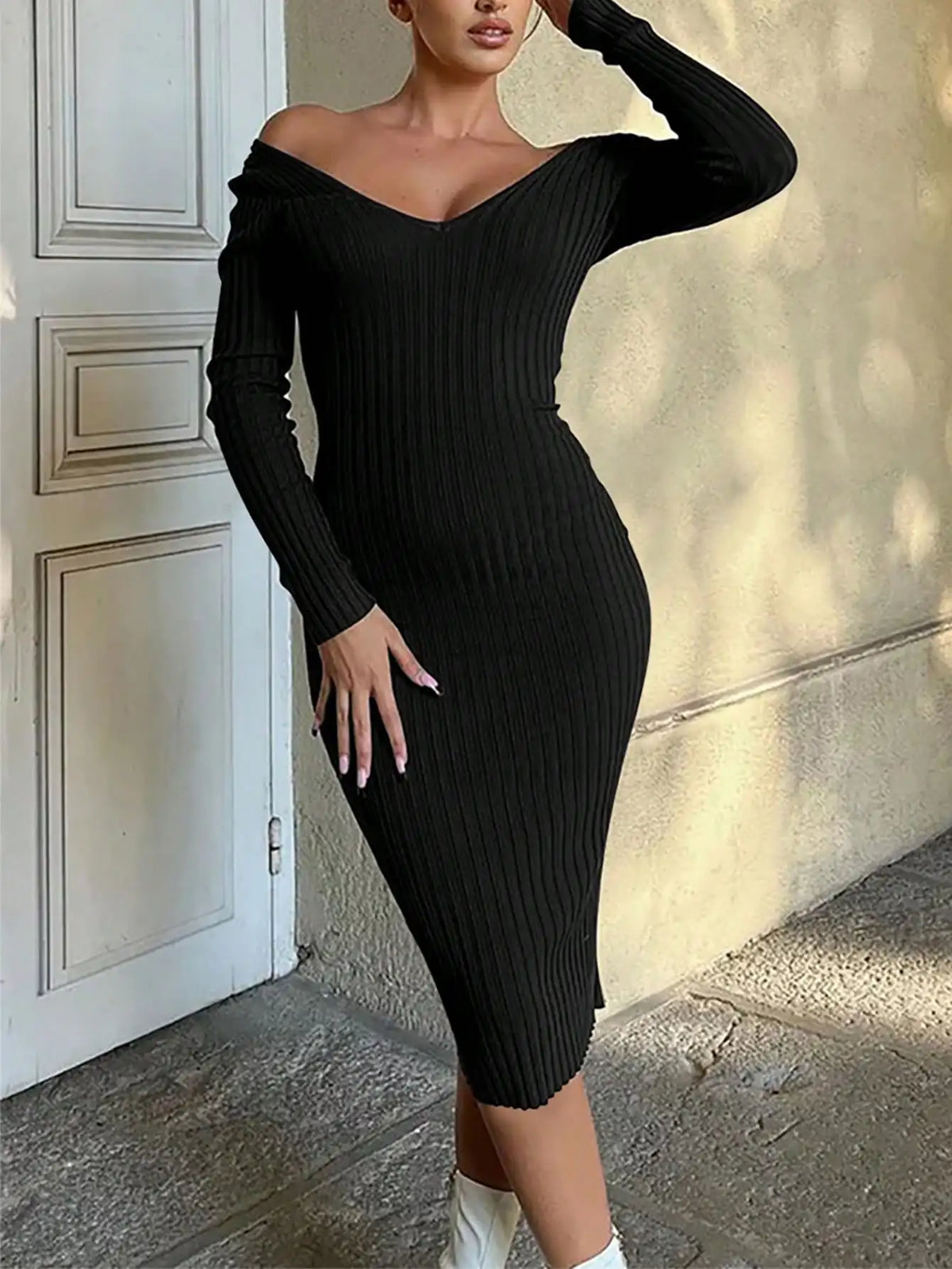 Off-Shoulder V-Neck Ribbed Knit Bodycon Midi Dress