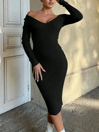 Off-Shoulder V-Neck Ribbed Knit Bodycon Midi Dress