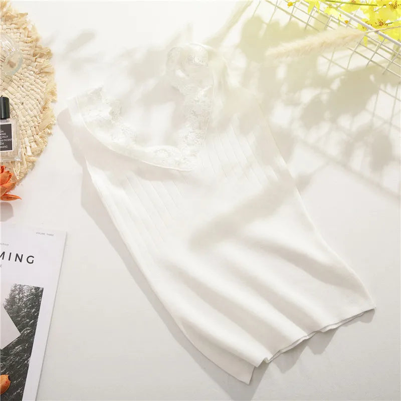 2025 Sexy Basic Lace Camisole Summer Knit Tank Top Women V Neck Camisole Female Camis High Elasticity Top Casual Tank Tops