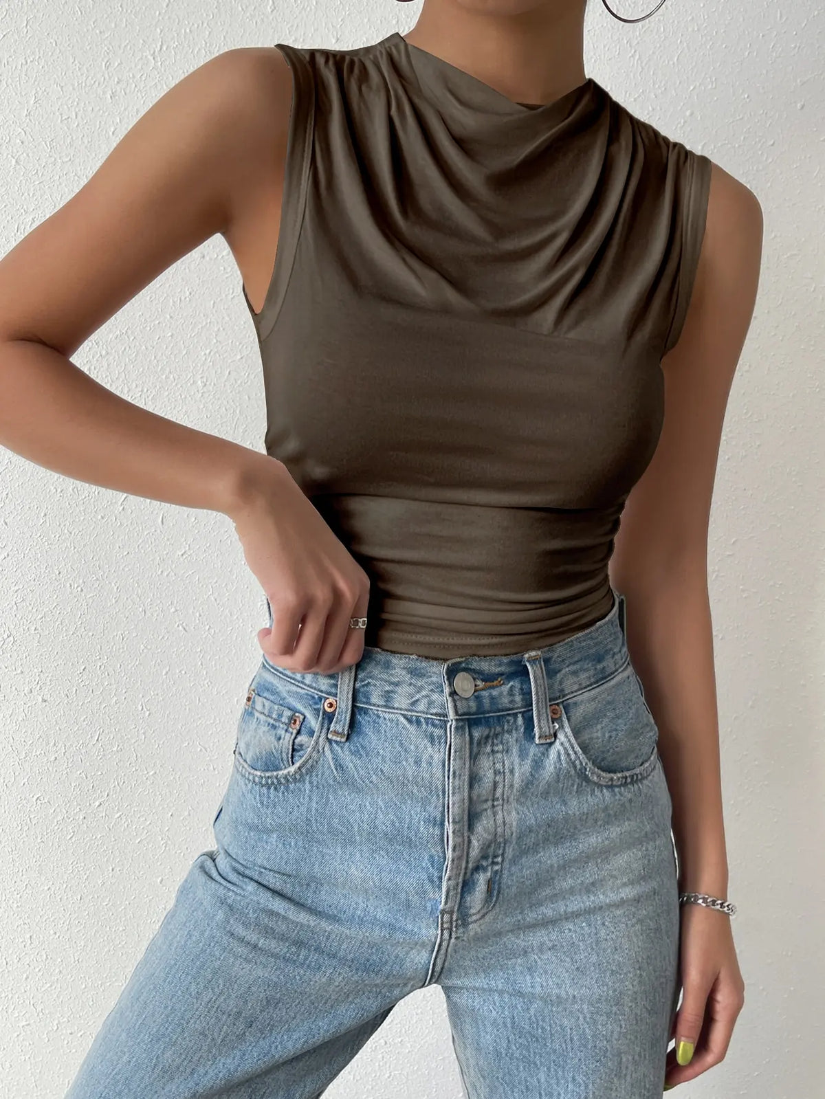 Pleated Half-High Neck Sleeveless Top