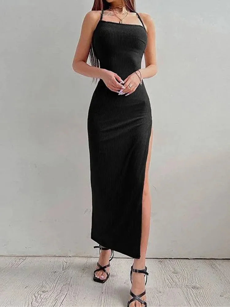 Black Halter Spaghetti Strap Maxi Dress