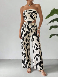 Black Leaf Print Strapless Crop Top & Wide-Leg Pants Set