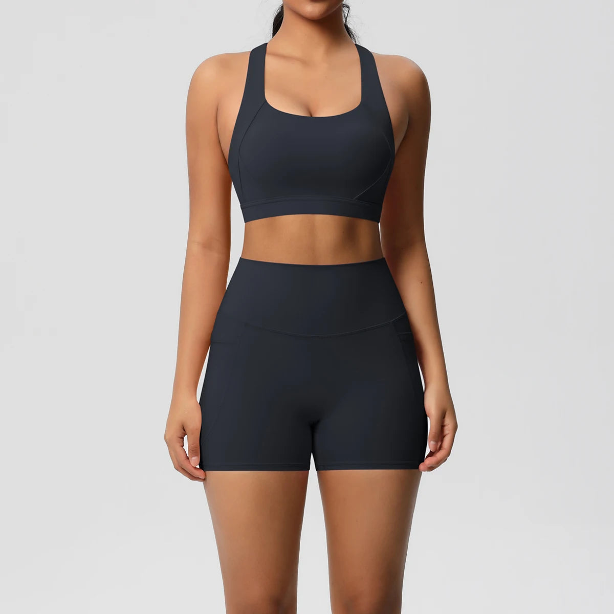 2-Piece Yoga Set – Crossover Bra & Shorts