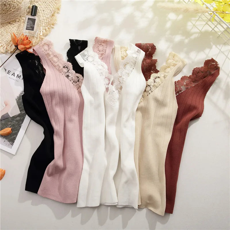 2025 Sexy Basic Lace Camisole Summer Knit Tank Top Women V Neck Camisole Female Camis High Elasticity Top Casual Tank Tops