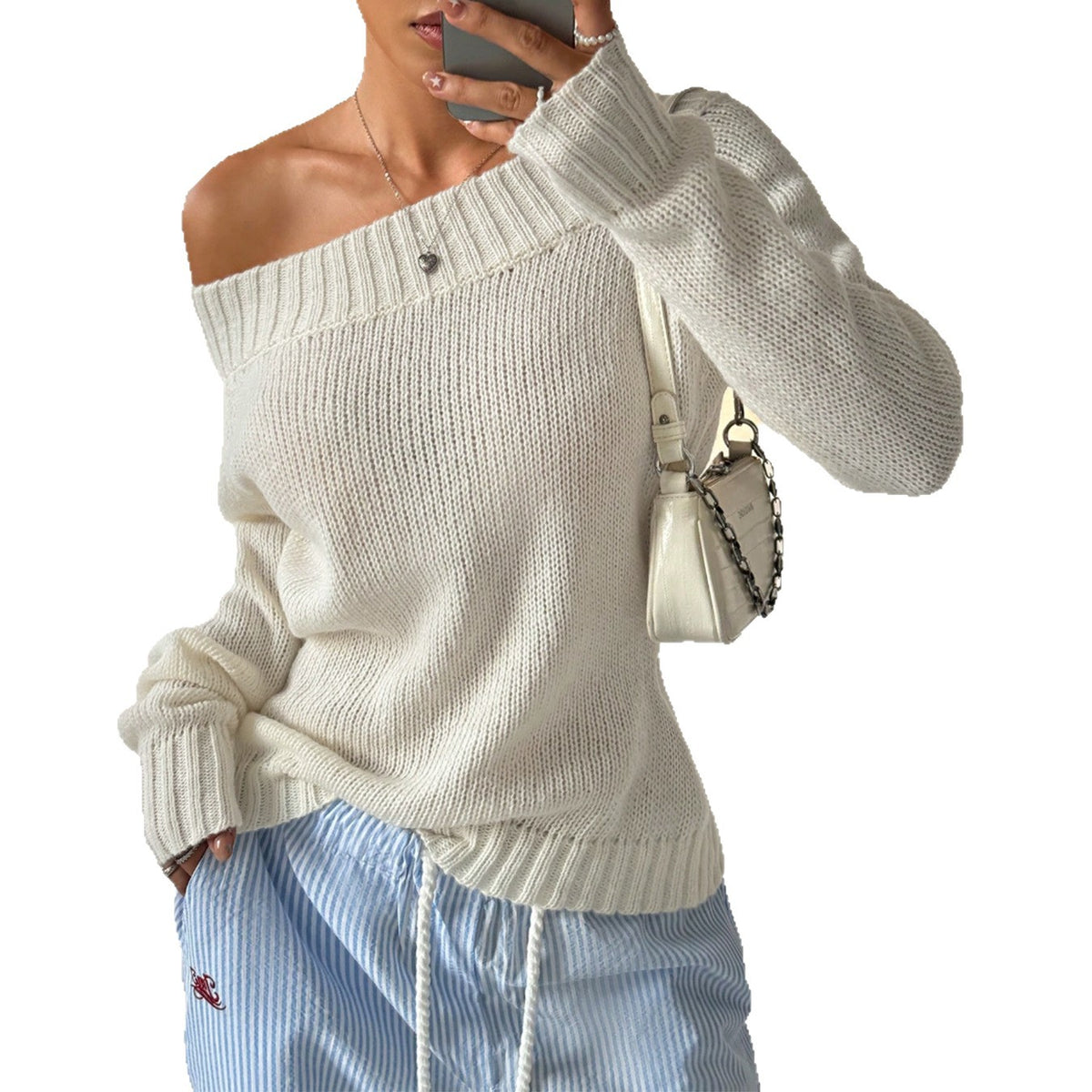 Head Sloping Exposed Shoulder Women'S Autumnwinter Knit Casual