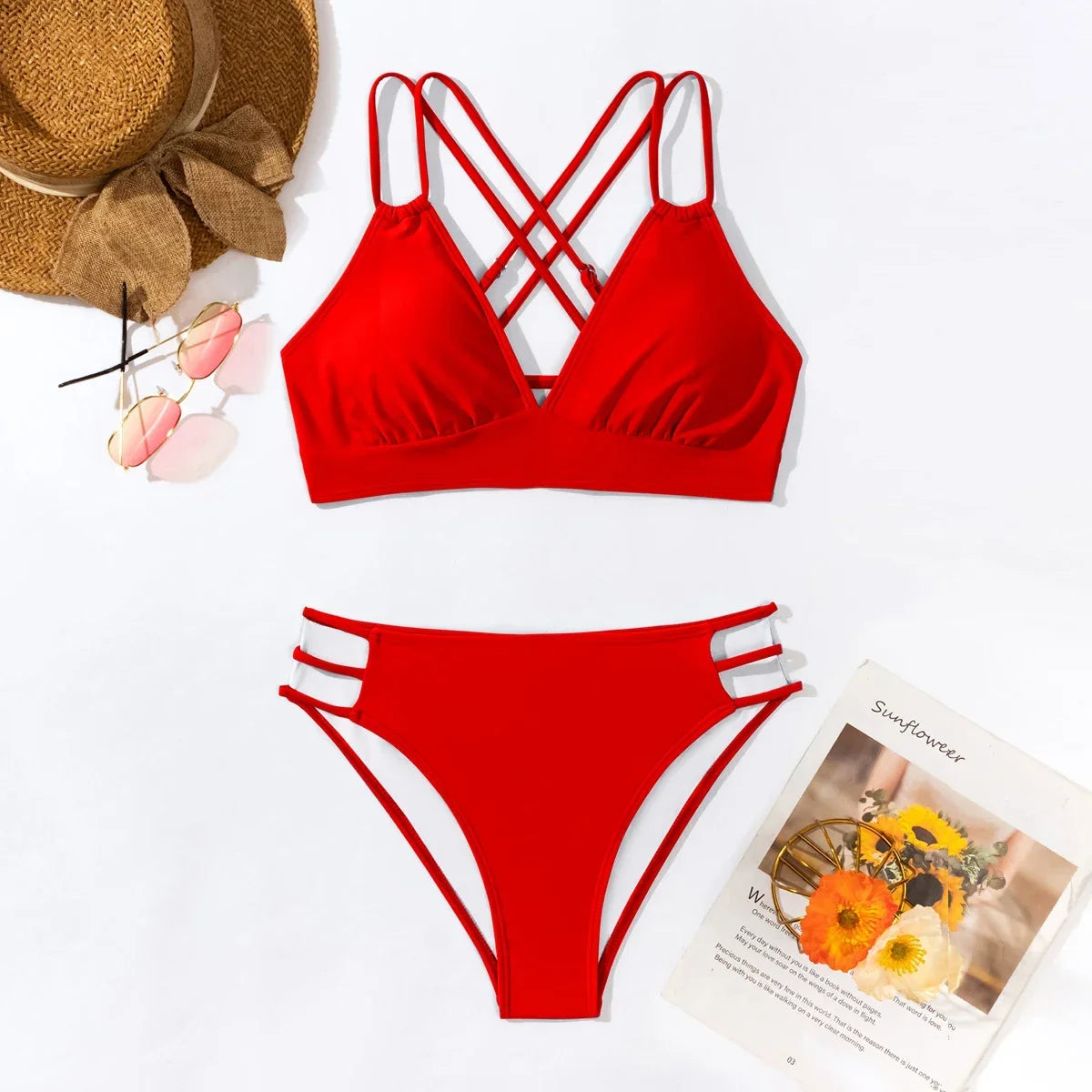 Double Strap Cross-Back Hollow Bikini Set
