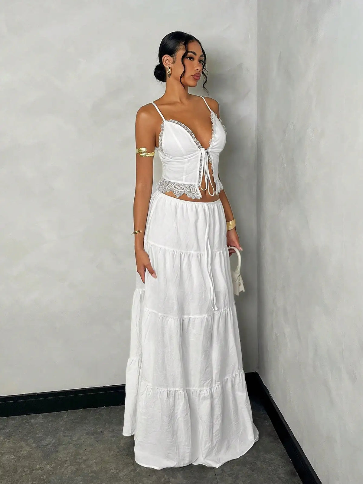 White Lace Trim Cami Top & Tiered Maxi Skirt Set