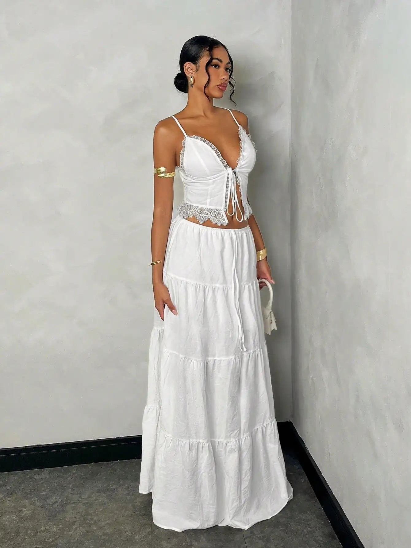 White Lace Trim Cami Top & Tiered Maxi Skirt Set