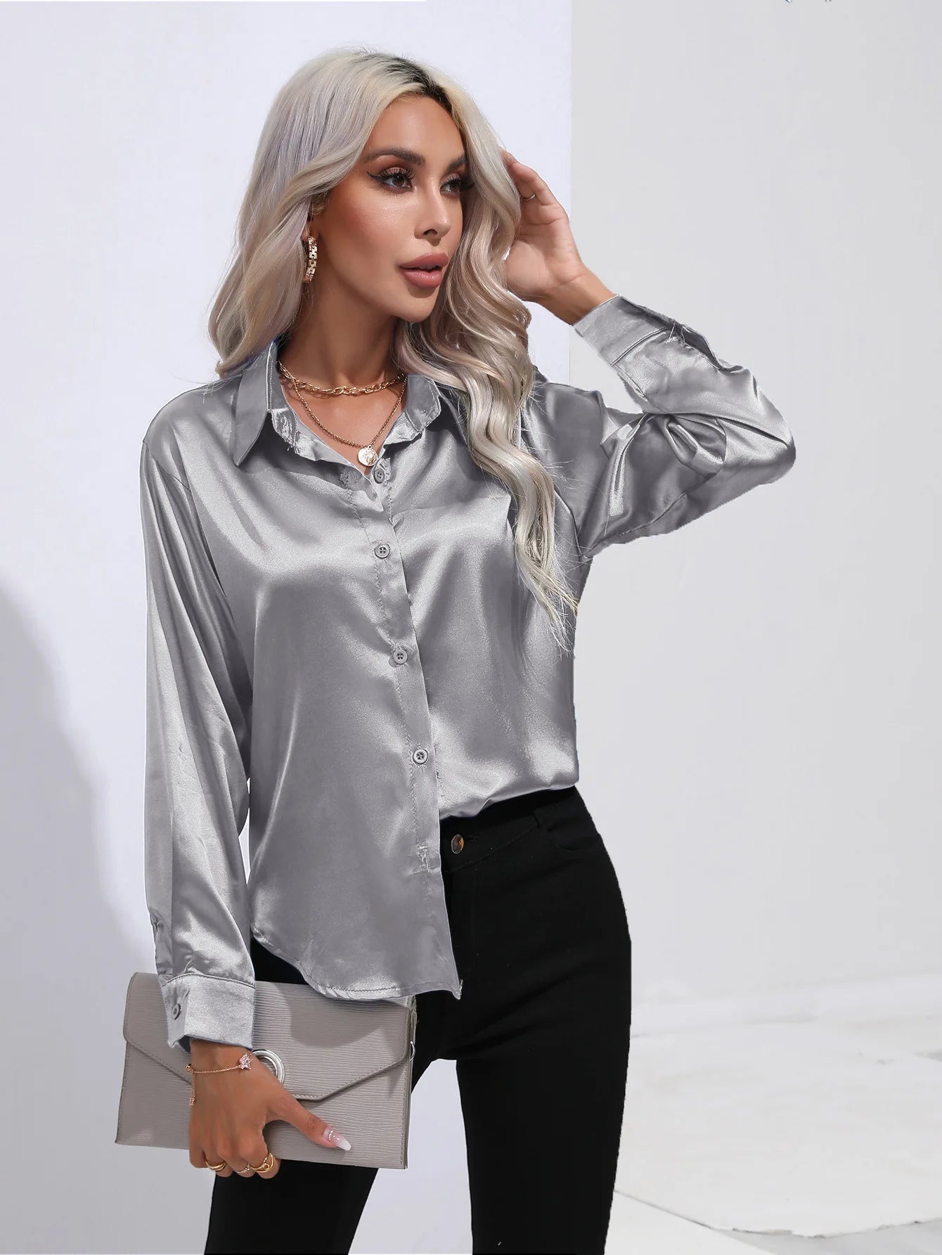 V-Neck Long Sleeve Satin Silk Blouse