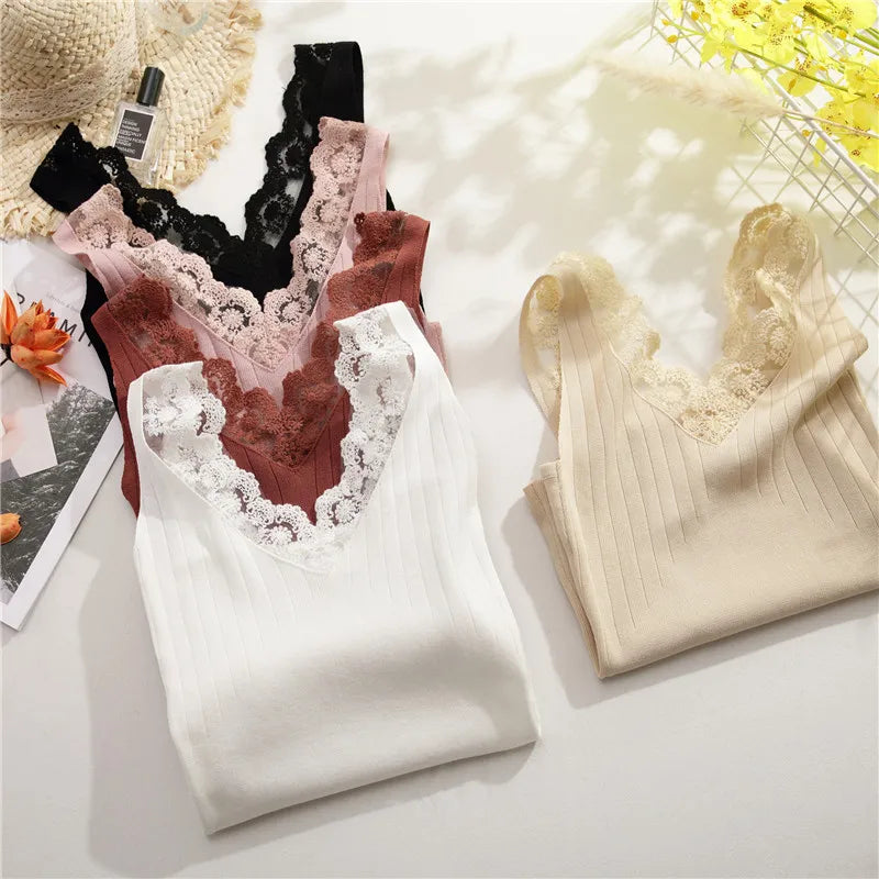 2025 Sexy Basic Lace Camisole Summer Knit Tank Top Women V Neck Camisole Female Camis High Elasticity Top Casual Tank Tops