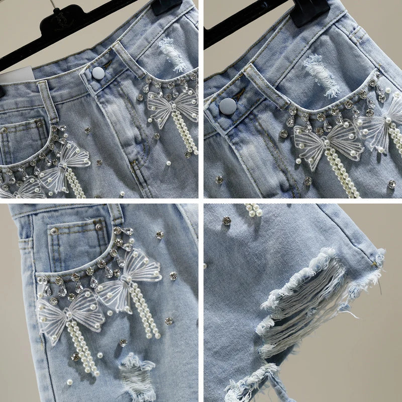 Bead-Embellished High Waist Denim Shorts