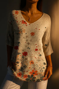 Athena | Women'S Vintage Floral Pattern Art Print Casual Knit Pullover