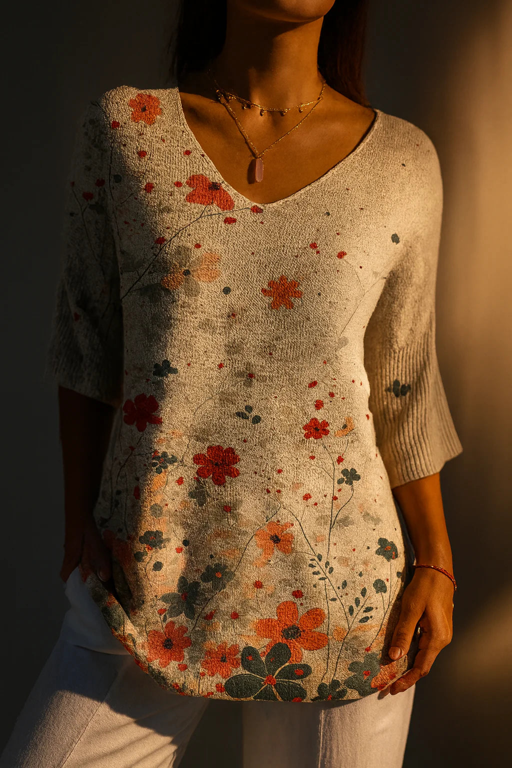 Athena | Women'S Vintage Floral Pattern Art Print Casual Knit Pullover