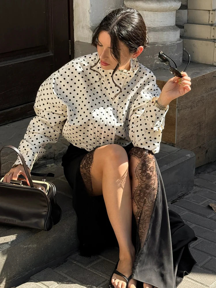 Polka Dot Turtleneck Zip Jacket
