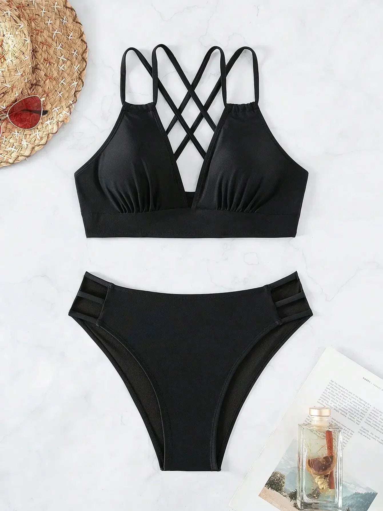 Double Strap Cross-Back Hollow Bikini Set