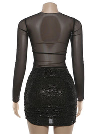 Sequin Patchwork Mesh Long Sleeve Mini Dress
