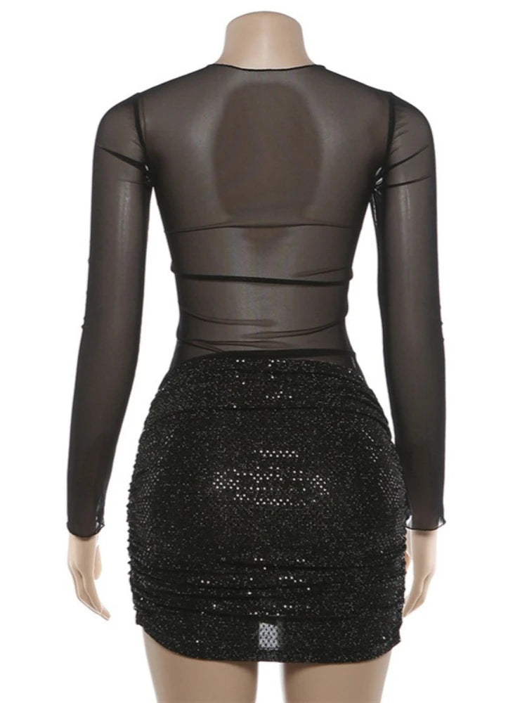 Sequin Patchwork Mesh Long Sleeve Mini Dress