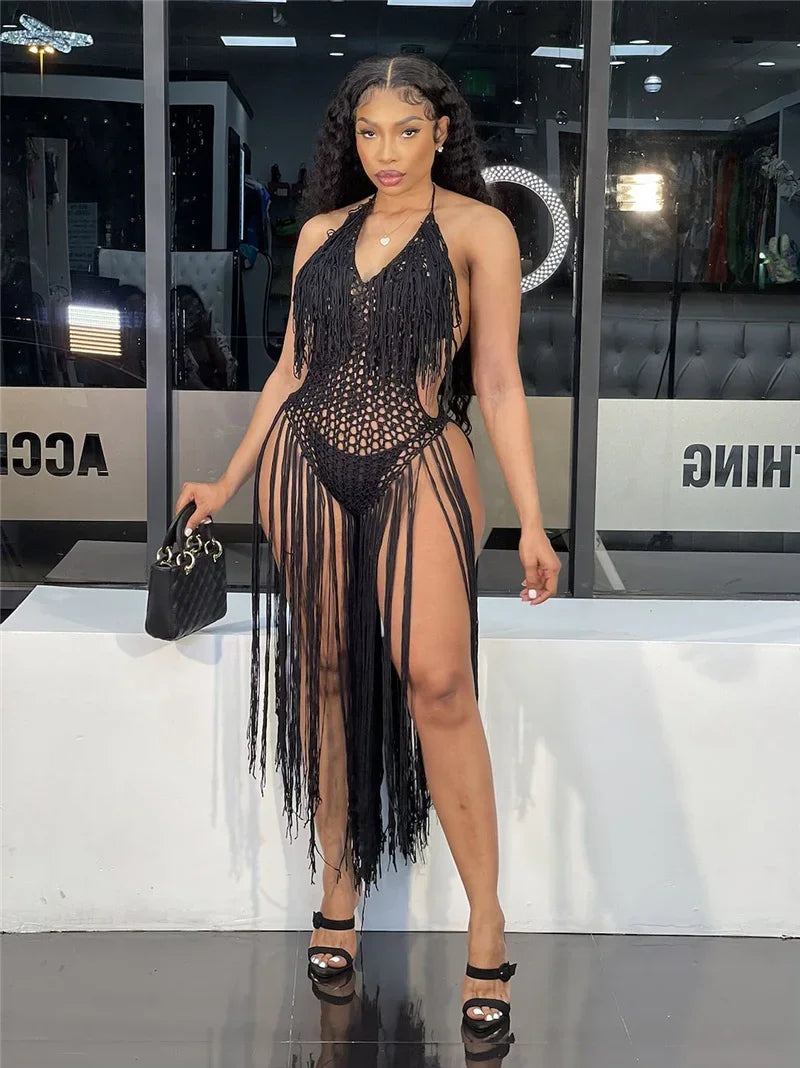 Halter V-Neck Tassel Backless Crochet Maxi Dress