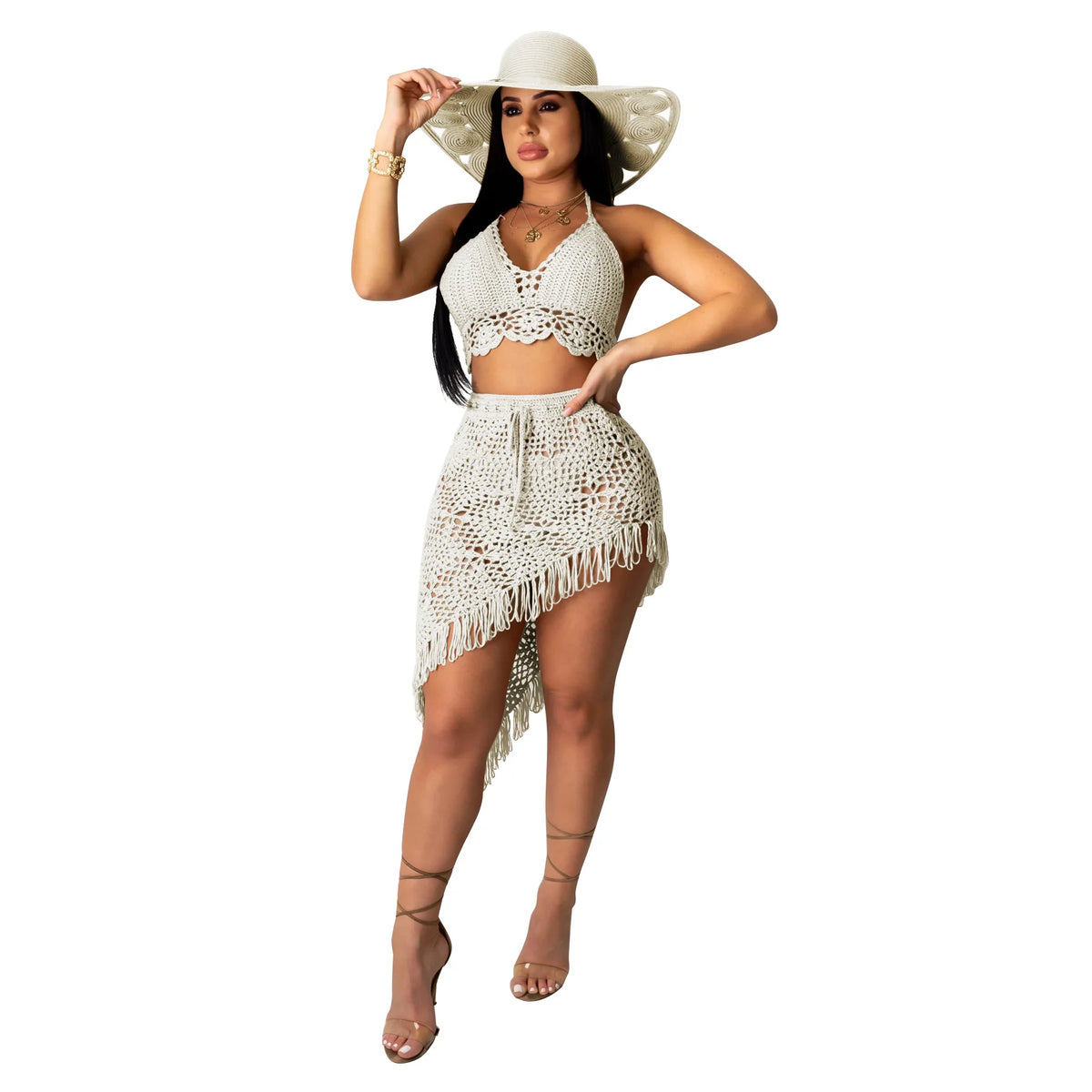 Handmade Crochet Tassel Ruched Maxi Dress