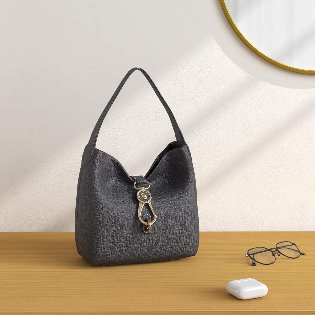 Women'S Small Logo Lock Sac Shoulder Bag in Pebble Grain Leather, with Signature Closure
