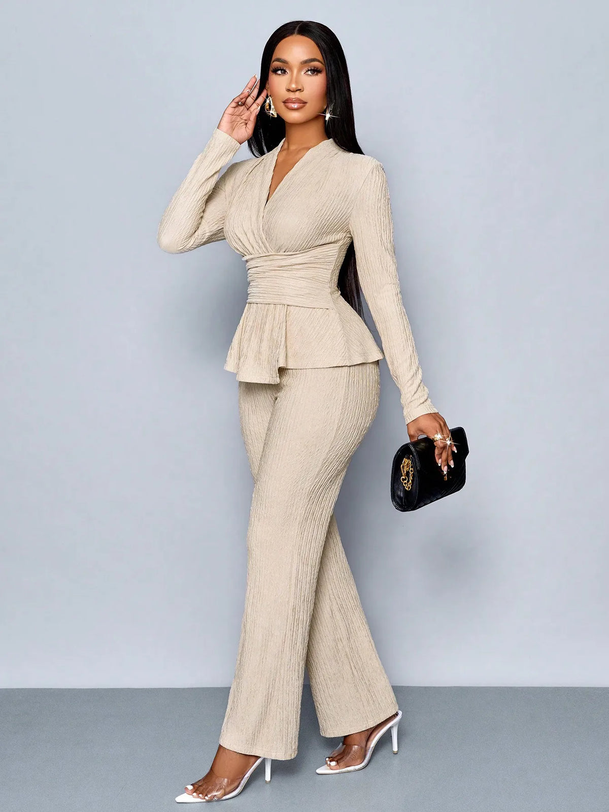 V-Neck Peplum Top & Wide Leg Pants Set – Beige