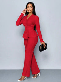 V-Neck Peplum Top & Wide Leg Pants Set – Beige