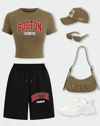 Boston Est. 1997 Crop Tee & Wide-Leg Shorts Set