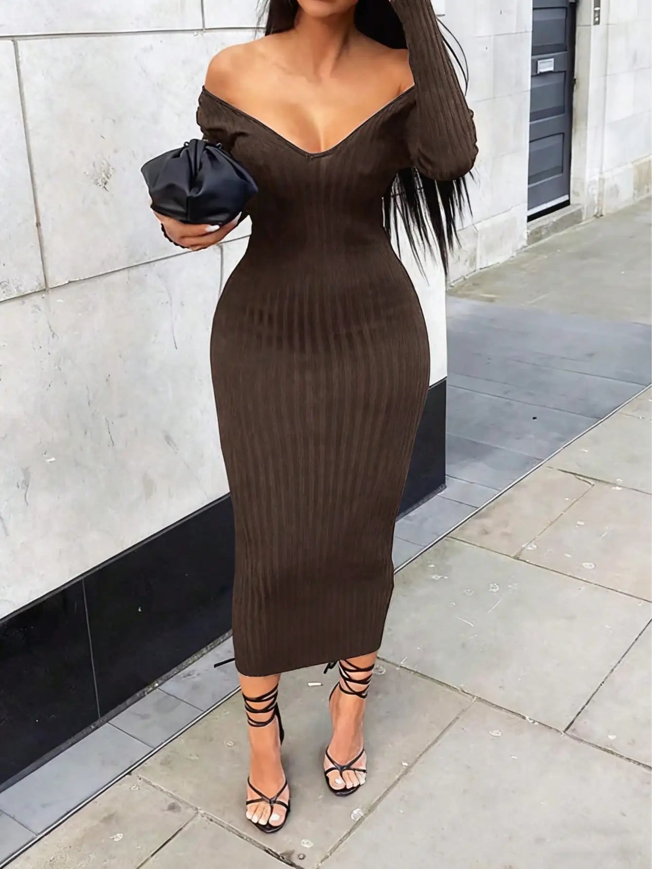 Off-Shoulder V-Neck Ribbed Knit Bodycon Midi Dress