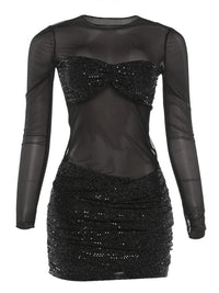 Sequin Patchwork Mesh Long Sleeve Mini Dress